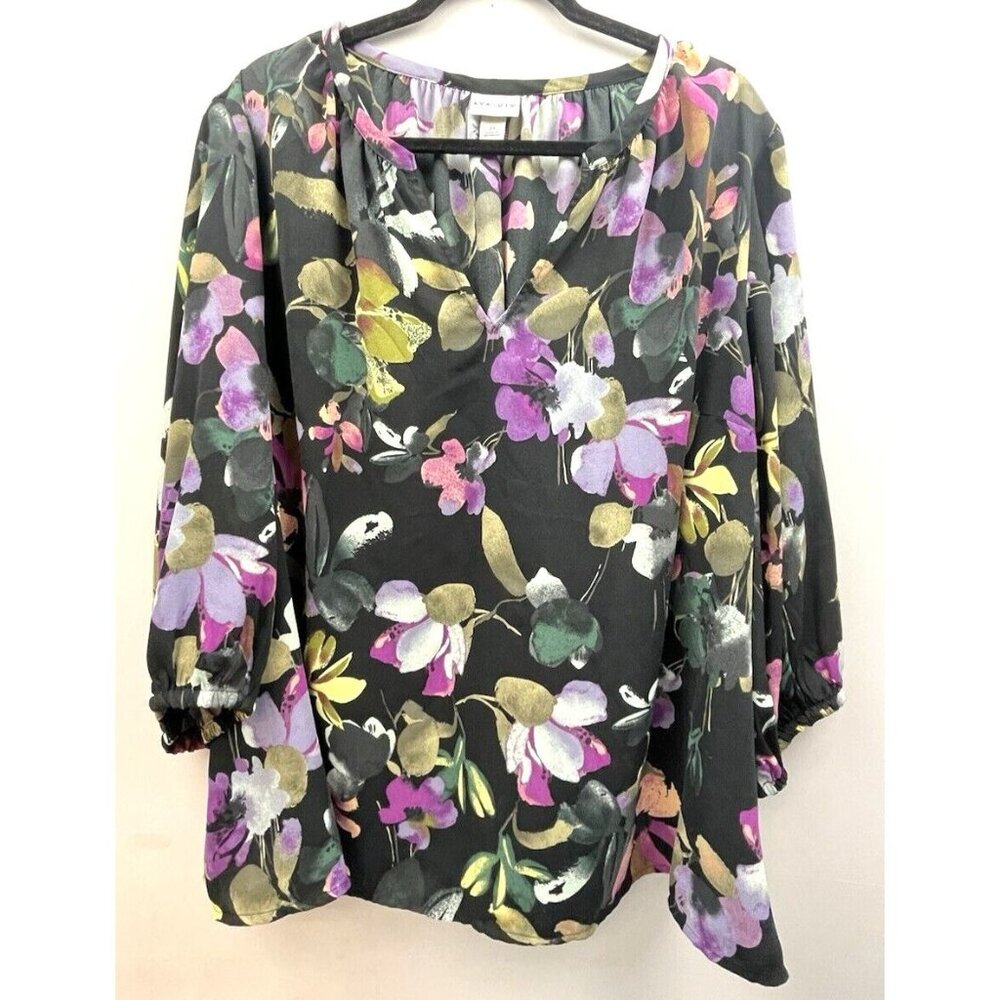 AVA & VIV Plus 3/4 Sleeve Popover Black Floral Blouse 2X